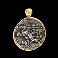 18K Yellow Gold and Silver Estate Alexander the Great Coin Pendant Enhancer