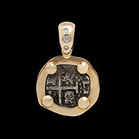14K Yellow Gold, Silver Estate Style Spanish Coin and Diamond Pendant