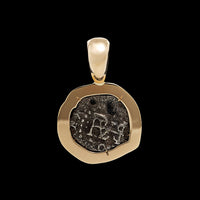 14K Yellow Gold, Silver Estate Style Spanish Coin and Diamond Pendant
