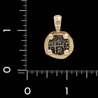 14K Yellow Gold, Silver Estate Style Spanish Coin and Diamond Pendant