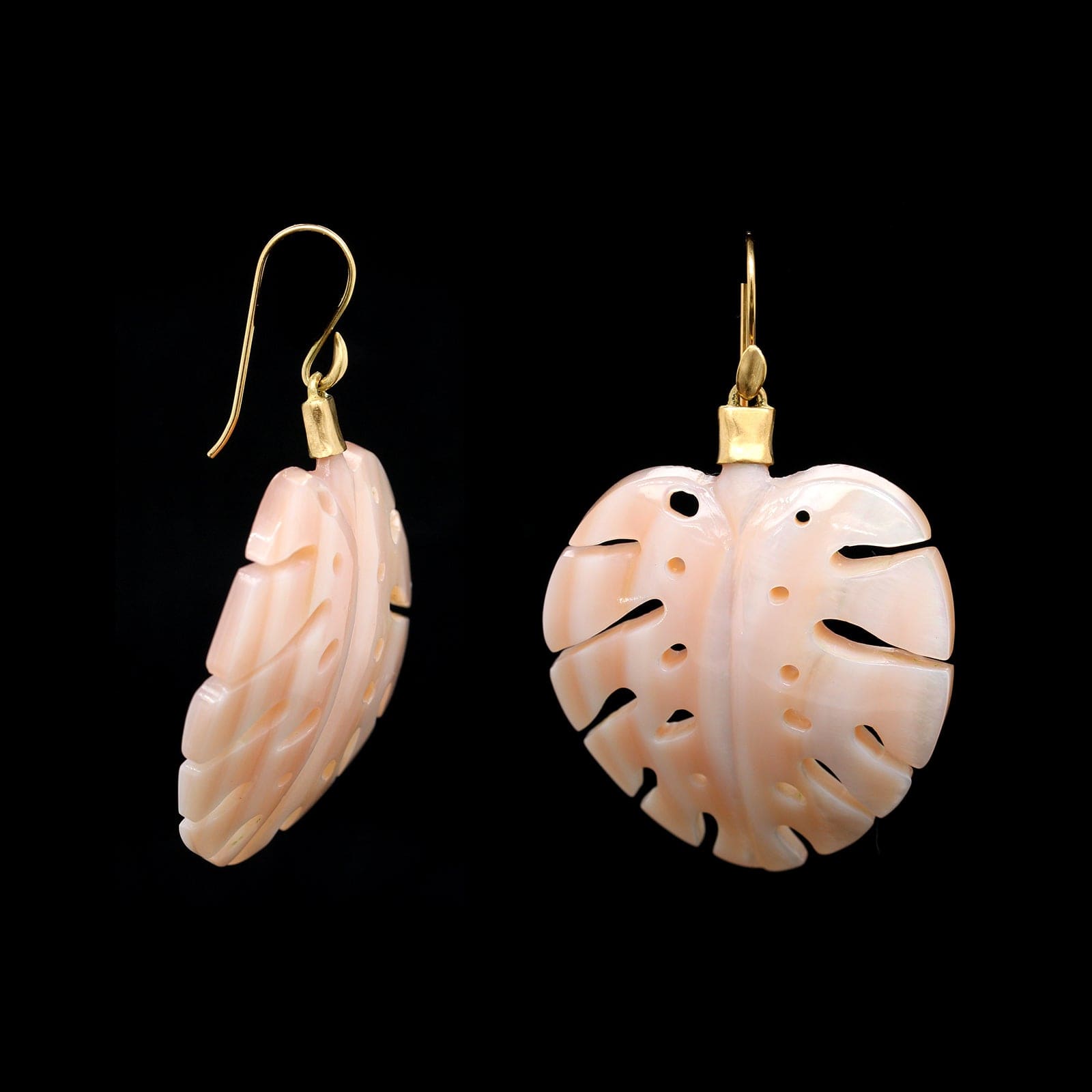 Annette Ferdinandsen 18K Yellow Gold Estate Pink Mother of Pearl Palm Leaf Earrings
