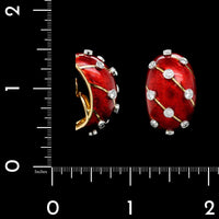 Tiffany & Co. 18K Yellow Gold Estate Jean Schlumberger Red Enamel and Diamond Banana Earrings