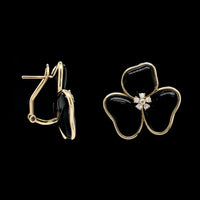 14K Yellow Gold Estate Onyx and Diamond Flower Earrings