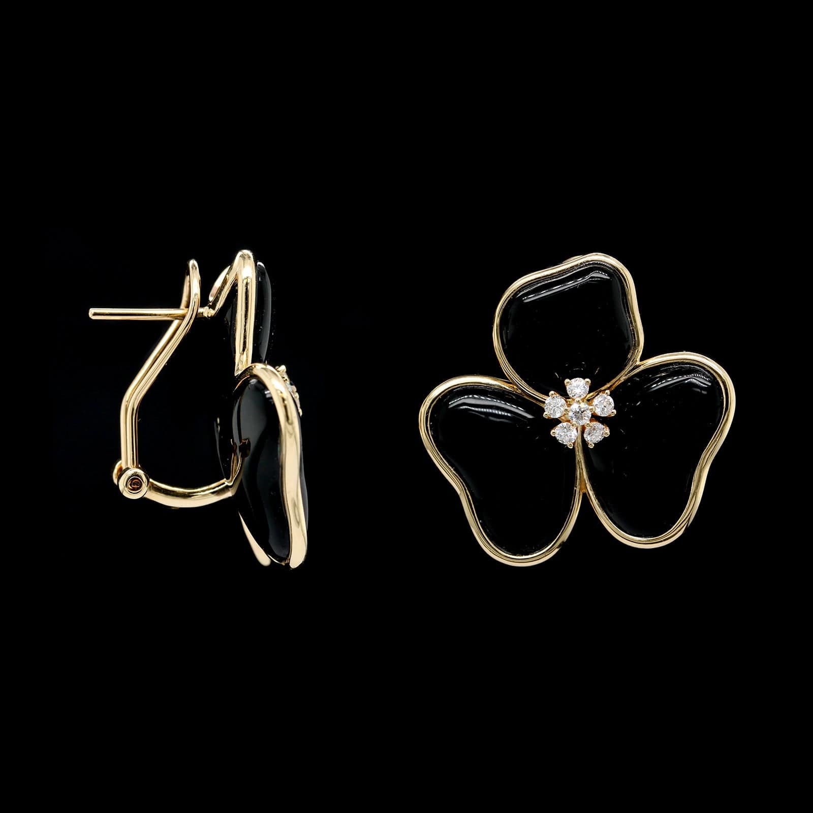 14K Yellow Gold Estate Onyx and Diamond Flower Earrings