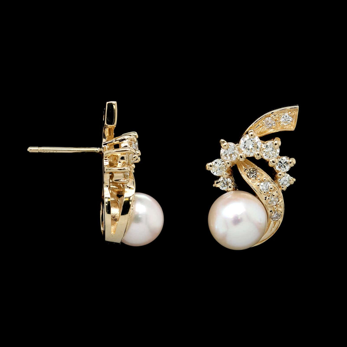 14K Yellow Gold Estate Pearl and Diamond Earrings