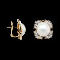 14K Yellow Gold Estate Diamond and Mabe Cultured Pearl Earrings