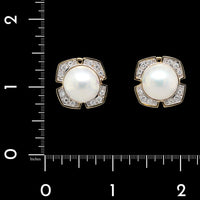 14K Yellow Gold Estate Diamond and Mabe Cultured Pearl Earrings