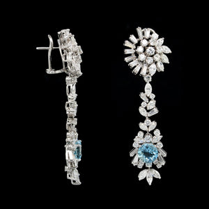 14K White Gold Estate Diamond and Aquamarine Drop Earrings