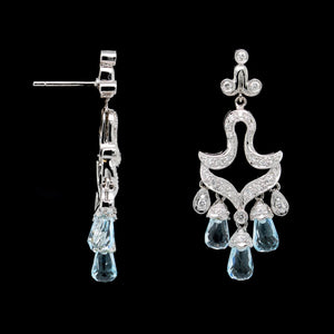 14K White Gold Estate Aquamarine Briolette and Diamond Earrings