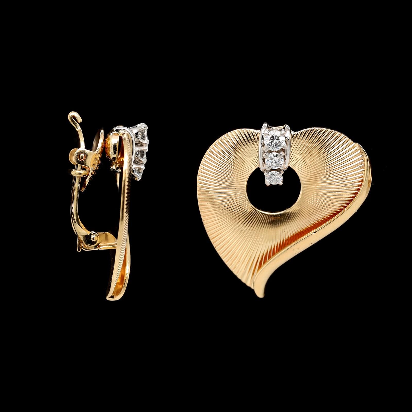 Retro 14K Yellow Gold Estate Diamond Heart Earrings