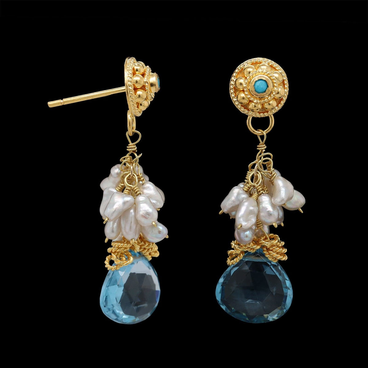22K Yellow Gold Estate Blue Topaz and Cultured Freshwater Pearl Earrings
