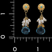 22K Yellow Gold Estate Blue Topaz and Cultured Freshwater Pearl Earrings