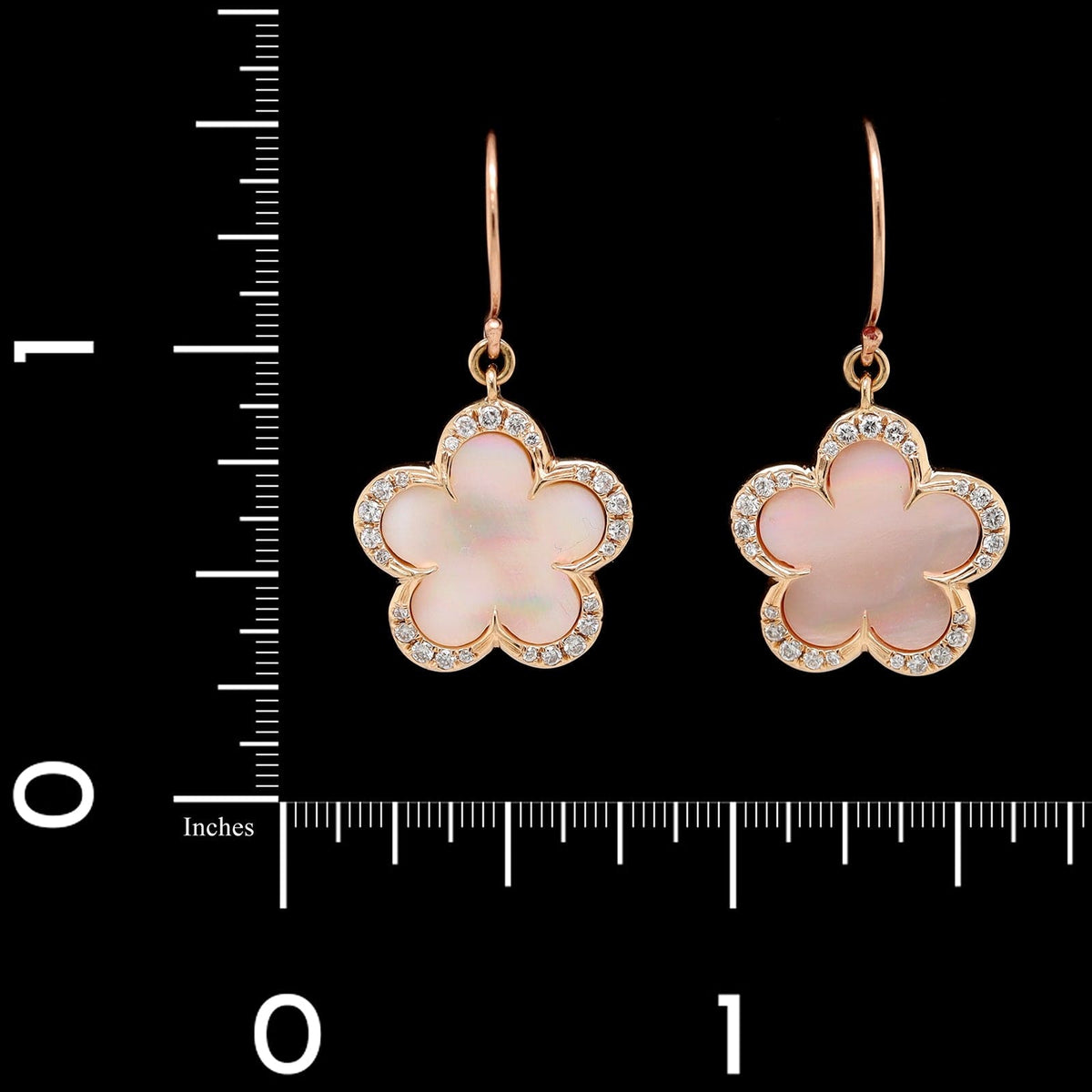 14K Rose Gold Estate Pink Mother of Pearl and Diamond Flower Earrings