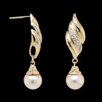 14K Yellow Gold Estate Cultured Pearl and Diamond Drop Earrings