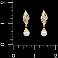 14K Yellow Gold Estate Cultured Pearl and Diamond Drop Earrings