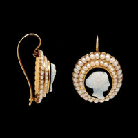Vintage 14K Yellow Gold Estate Hardstone Cameo and Seed Pearl Earrings