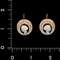 Vintage 14K Yellow Gold Estate Hardstone Cameo and Seed Pearl Earrings