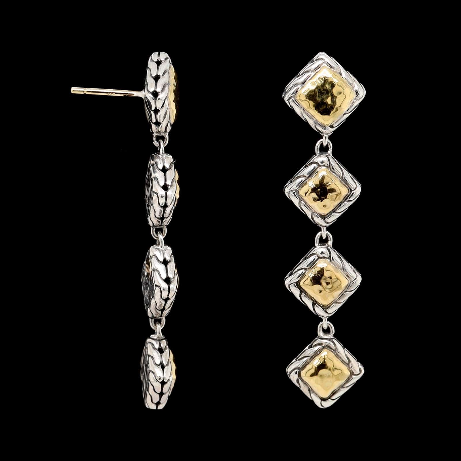 John Hardy Sterling Silver and 22K Yellow Gold Estate Four Square Drop Earrings