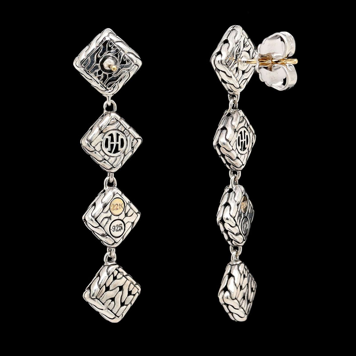 John Hardy Sterling Silver and 22K Yellow Gold Estate Four Square Drop Earrings