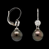 18K White Gold Estate Cultured Black Pearl and Diamond Stud Earrings