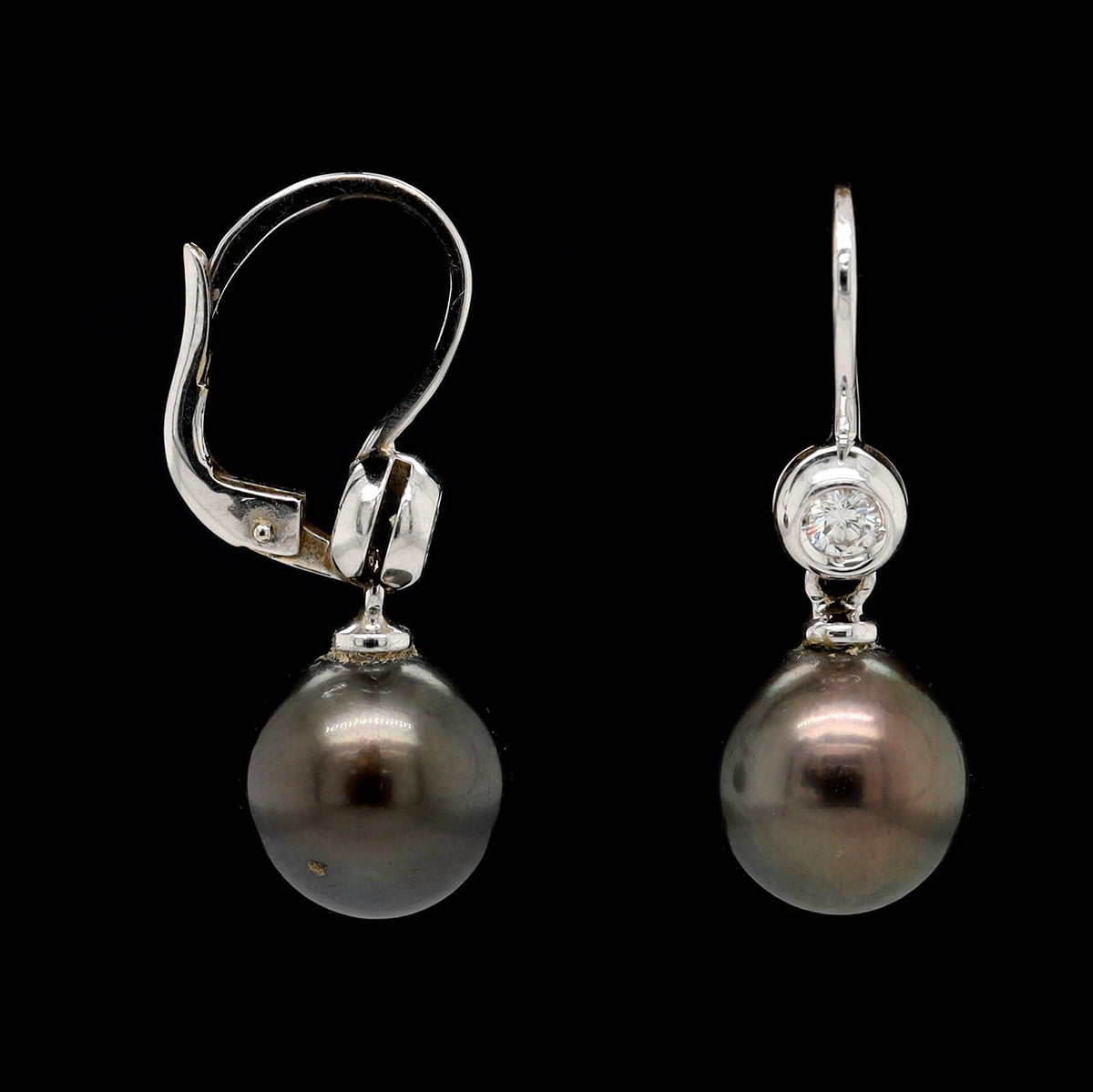 18K White Gold Estate Cultured Black Pearl and Diamond Stud Earrings