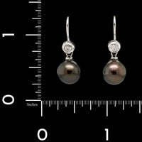 18K White Gold Estate Cultured Black Pearl and Diamond Stud Earrings