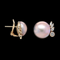 14K Yellow Gold Estate Cultured Grey Mabe Pearl and Diamond Earrings