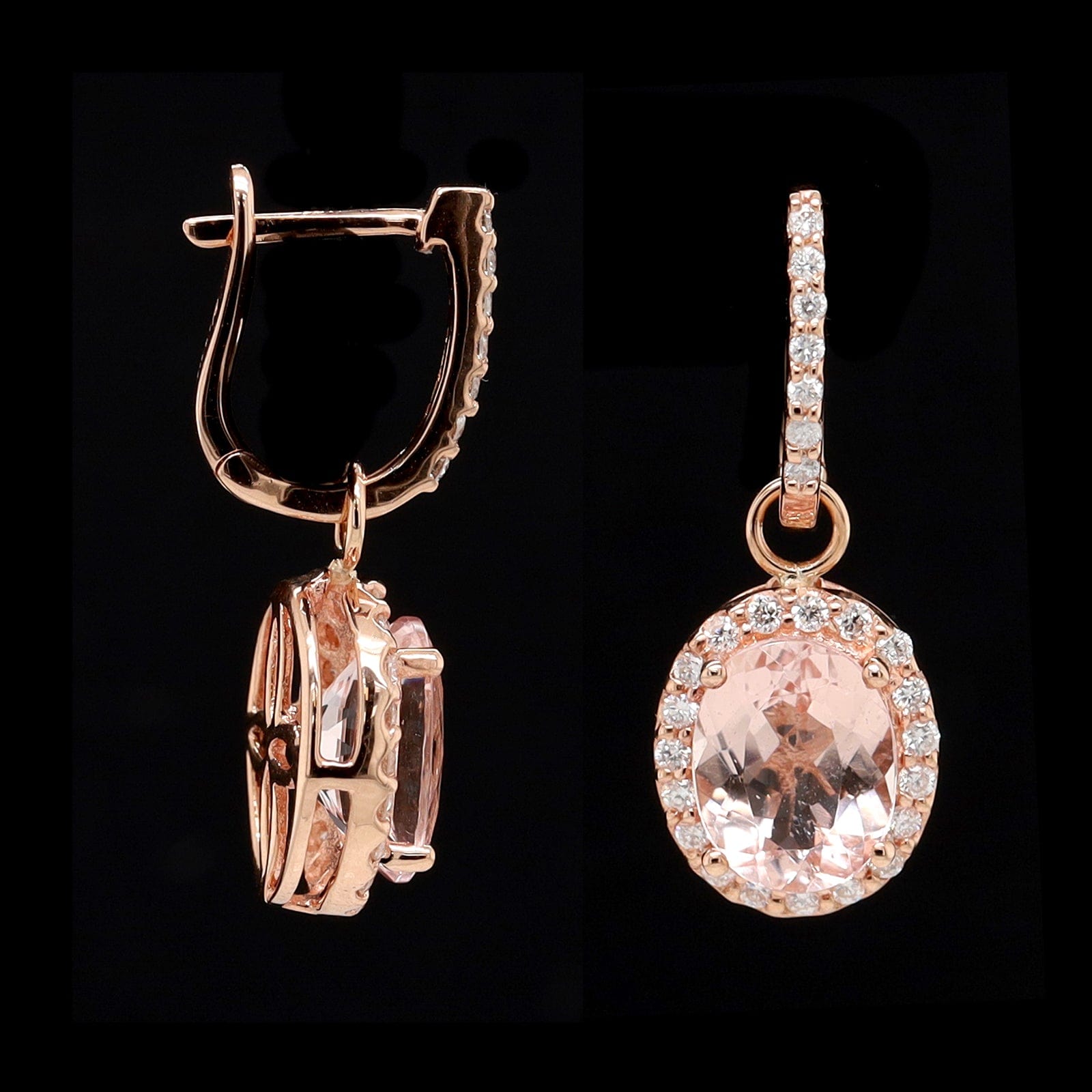 14K Rose Gold Estate Morganite and Diamond Drop Earrings