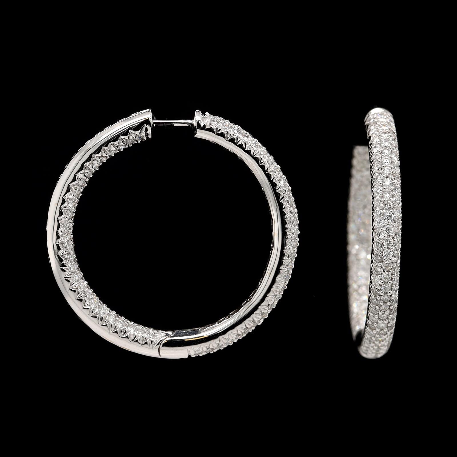 14K White Gold Estate Diamond Inside Outside Hoops