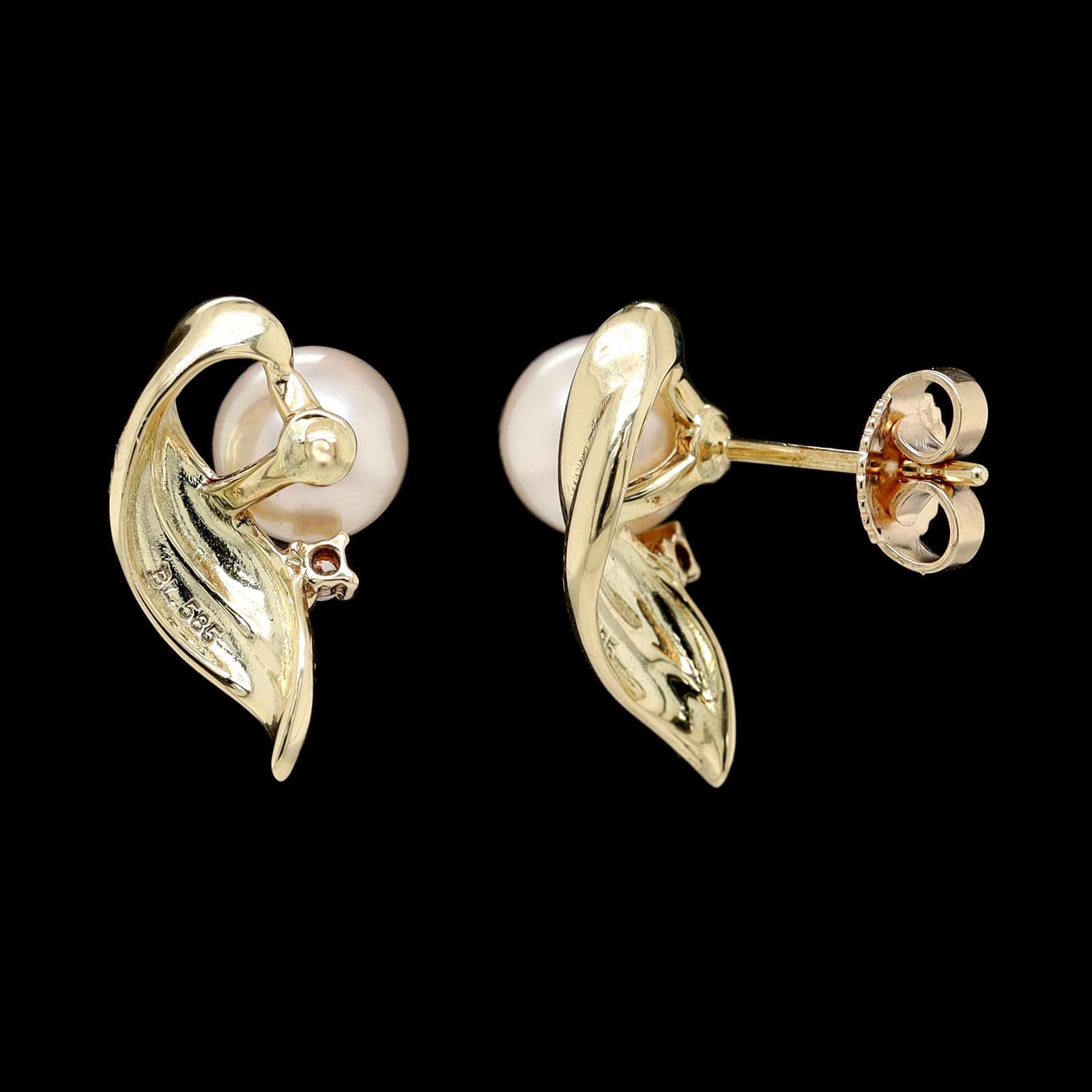 14K Yellow Gold Estate Cultured Pearl and Diamond Earrings