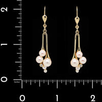 14K Yellow Gold Estate Cultured Pearl and Diamond Drop Earrings