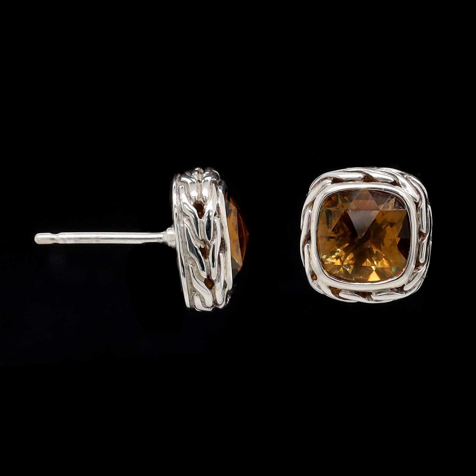 John Hardy Sterling Silver Estate Classic Chain Cushion Citrine Stud Earrings