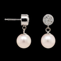 14K White Gold Estate Diamond Pave and Pearl Drop Earrings