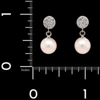 14K White Gold Estate Diamond Pave and Pearl Drop Earrings