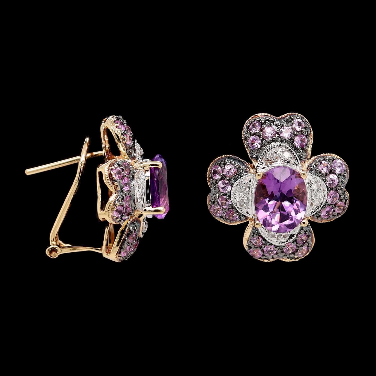 14K Yellow Gold Estate Amethyst, Pink Sapphire and Diamond Earrings