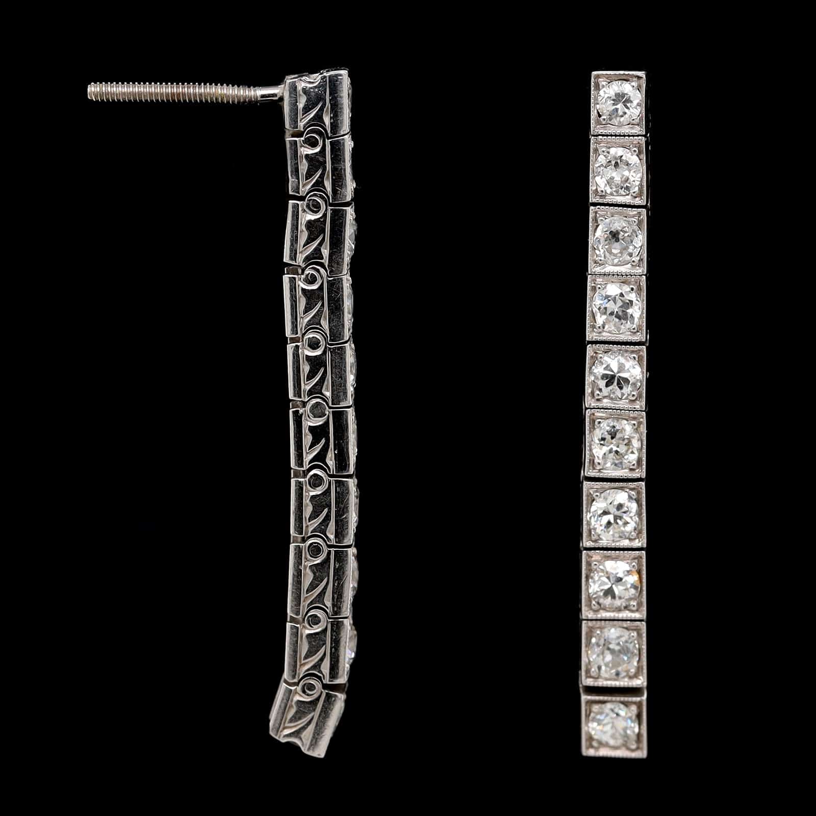 Vintage Art Deco 14K White Gold Estate Diamond Drop Earrings