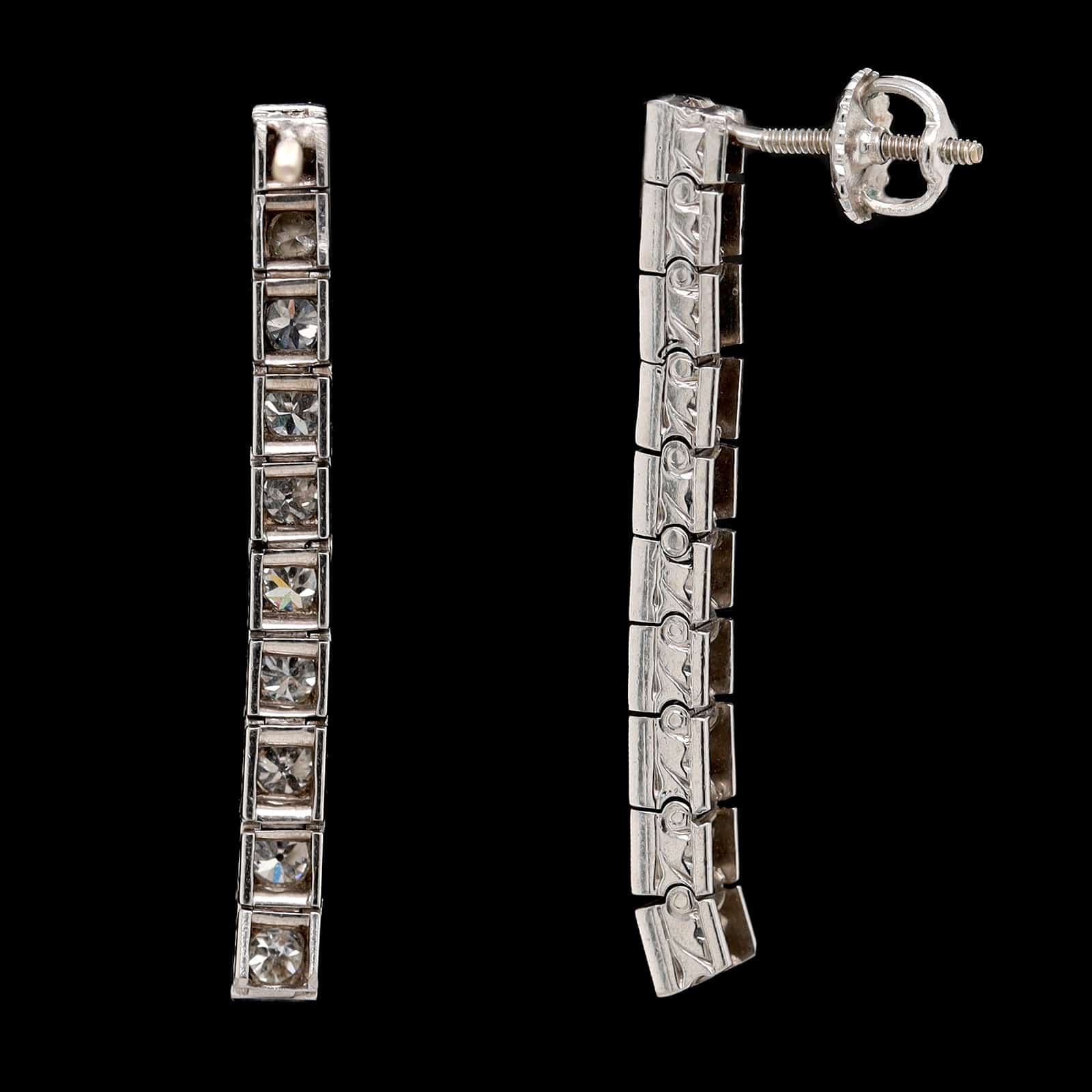 Vintage Art Deco 14K White Gold Estate Diamond Drop Earrings