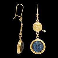 Daniel Spirer 18K and 22K Yellow Gold Spectrolite Carved Moon Face and Diamond Earrings