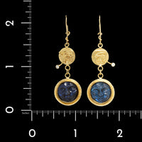 Daniel Spirer 18K and 22K Yellow Gold Spectrolite Carved Moon Face and Diamond Earrings