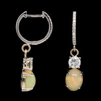 14K White Gold Estate Opal and Diamond Drop Earrings