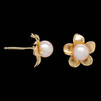 14K Yellow Gold Estate Cultured Pearl Flower Earrings