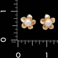 14K Yellow Gold Estate Cultured Pearl Flower Earrings