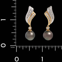 18K Two-tone Gold Estate Tahitian Cultured Pearl and Diamond Earrings