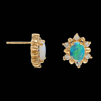 14K Yellow Gold Estate Opal and Diamond Stud Earrings