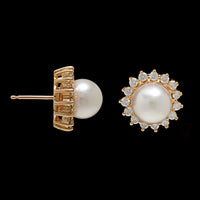 14K Yellow Gold Estate Cultured Pearl and Diamond Earrings