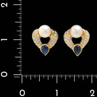 18K Yellow Gold Estate Cultured Pearl, Sapphire and Diamond Earrings