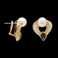 18K Yellow Gold Estate Cultured Pearl, Sapphire and Diamond Earrings