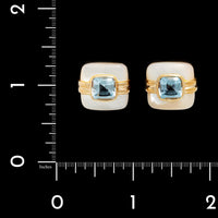 14K Yellow Gold Estate Mother of Pearl and Blue Topaz Earrings&nbsp;