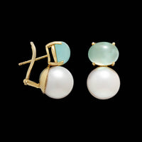 14K Yellow Gold Estate South Sea Cultured Pearls and Green Chalcedony Earrings