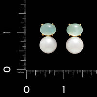 14K Yellow Gold Estate South Sea Cultured Pearls and Green Chalcedony Earrings